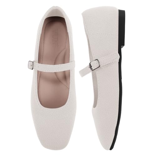 VUN Knit Flats for Women - Square Toe Ballet Flats with Adjustable Ankle Strap and Arch Support, Mary Jane Shoes for Dressy Office & Casual Comfort