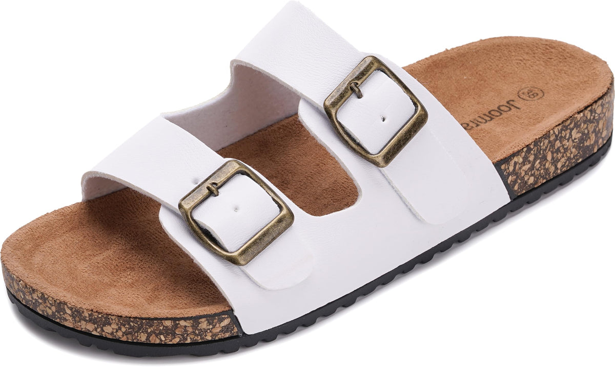 Joomra Women's Cork-Inspired Footbed Slides Adjustable Buckle Sandals | Natural Foot-Shaped, Vegan Upper, Two-Strap, Casual Daily Slippers, Comfy Indoor Outdoor Sandles