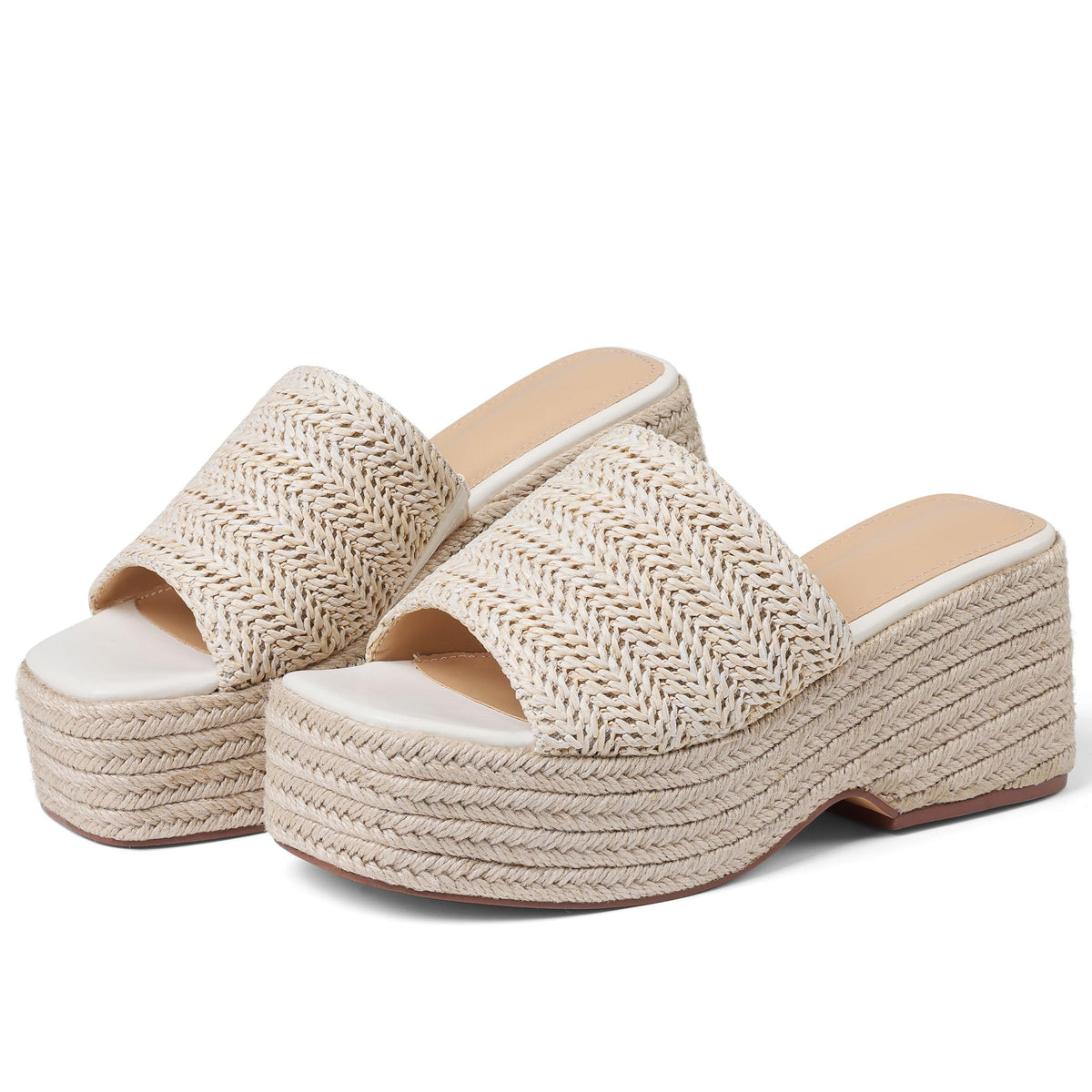 EQAUDES Platform Sandals For Women Espadrilles Wedges Summer Beach Shoes | Raffia, Woven, Chunky Block Heels, Dressy Slides, Non-Slip Sole, Slip On, Square Open Toe, Daliy And Vacation Outfits