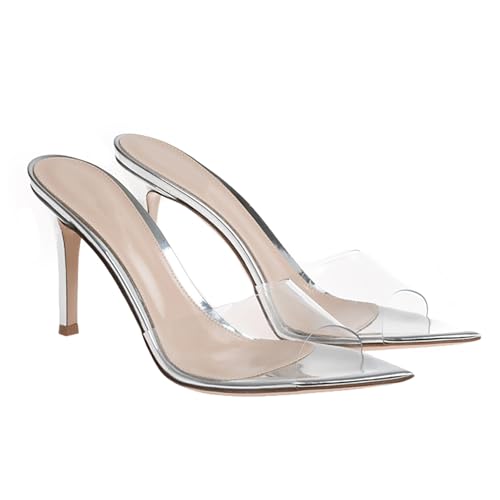 Women'S Clear Pointed Open Toe Stiletto Heel Slide Sandals Fashion Sexy Slip On Transparent Strap High Heels Mules Summer Backless Party Wedding Prom Dress Shoes