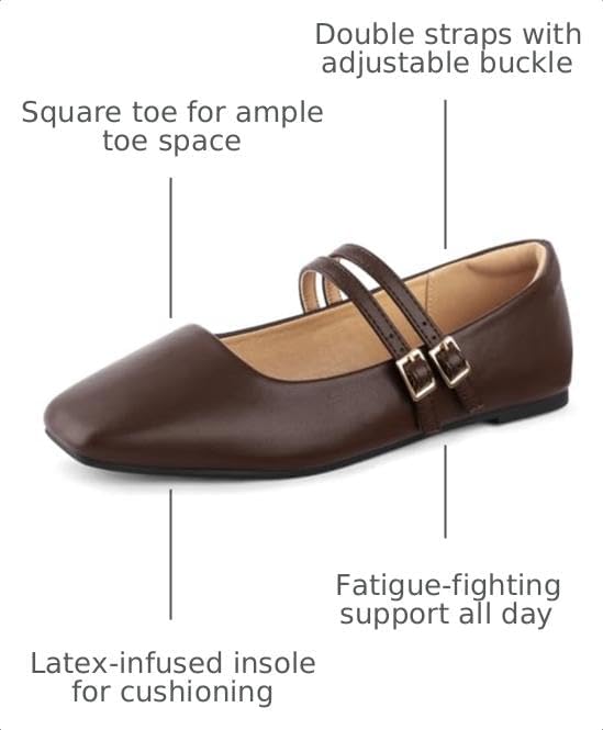 Womens Mary Jane Flats Double Straps Ballet Flats Slip On Casual Shoe | Adjustable Buckle, PU Leather, Breathable Lining, Square Toe Shoes for Women