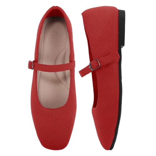 VUN Knit Flats for Women - Square Toe Ballet Flats with Adjustable Ankle Strap and Arch Support, Mary Jane Shoes for Dressy Office & Casual Comfort