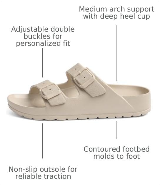 shevalues Women's Comfort EVA Sandals Medium Arch Support Beach Slides | Adjustable Double Buckle, Waterproof, Lightweight, Soft Cushioned, Non-slip, Slip-On