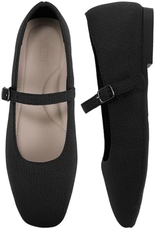 VUN Knit Flats for Women - Square Toe Ballet Flats with Adjustable Ankle Strap and Arch Support, Mary Jane Shoes for Dressy Office & Casual Comfort