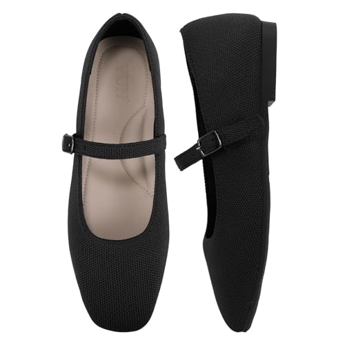 VUN Knit Flats for Women - Square Toe Ballet Flats with Adjustable Ankle Strap and Arch Support, Mary Jane Shoes for Dressy Office & Casual Comfort