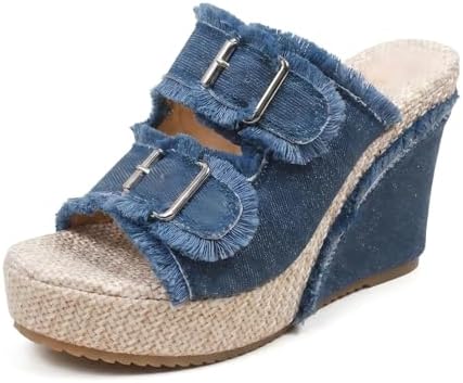 Denim Wedge Slide Mules with Double Buckle Espadrille Platform for Women | Frayed Trim Wide Band Open Toe Slip-On Sandals with Adjustable Hardware Cushioned Comfort for Beach Vacation Daily Wear