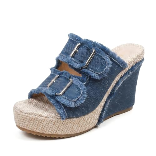 Denim Wedge Slide Mules with Double Buckle Espadrille Platform for Women | Frayed Trim Wide Band Open Toe Slip-On Sandals with Adjustable Hardware Cushioned Comfort for Beach Vacation Daily Wear