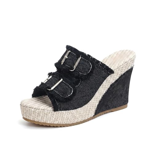 Denim Wedge Slide Mules with Double Buckle Espadrille Platform for Women | Frayed Trim Wide Band Open Toe Slip-On Sandals with Adjustable Hardware Cushioned Comfort for Beach Vacation Daily Wear