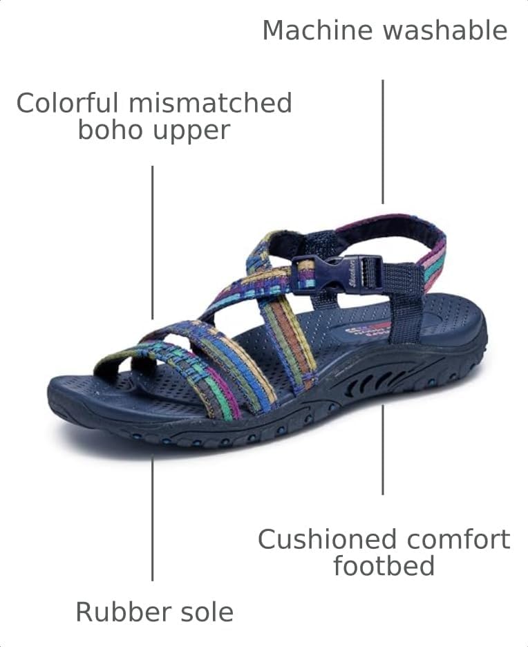 Skechers Women's Reggae Sew Me Boho Slingback Sandal | Machine Washable, Vegan, Arch Support Footbed, Woven Nylon Upper, Adjustable Buckle Strap