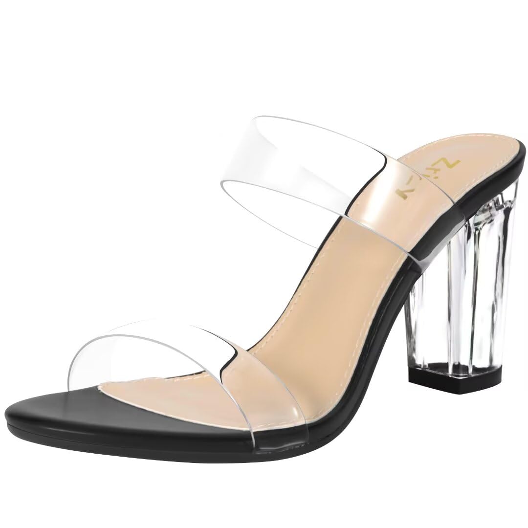 ZriEy Clear Heels for Women Transparent Two Strap Block Chunky Heel Sandals | 3 Inch,Comfy,True to size,Cushioned insole,Anti-slip Rubber Sole,Sturdy,Stylish,Cute,Lightweight,Casual/FormalOccasion