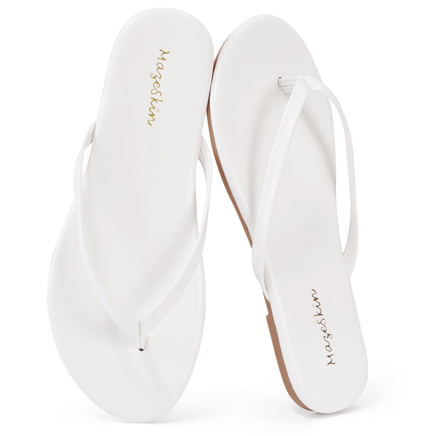mazeskin Womens Memory Foam Flip Flops Flat Thong Sandals | Soft Vegan Leather Comfortable Cushioned Casual Dressy Beach Summer Minimalist Slim Slide Shoes Indoor Outdoor
