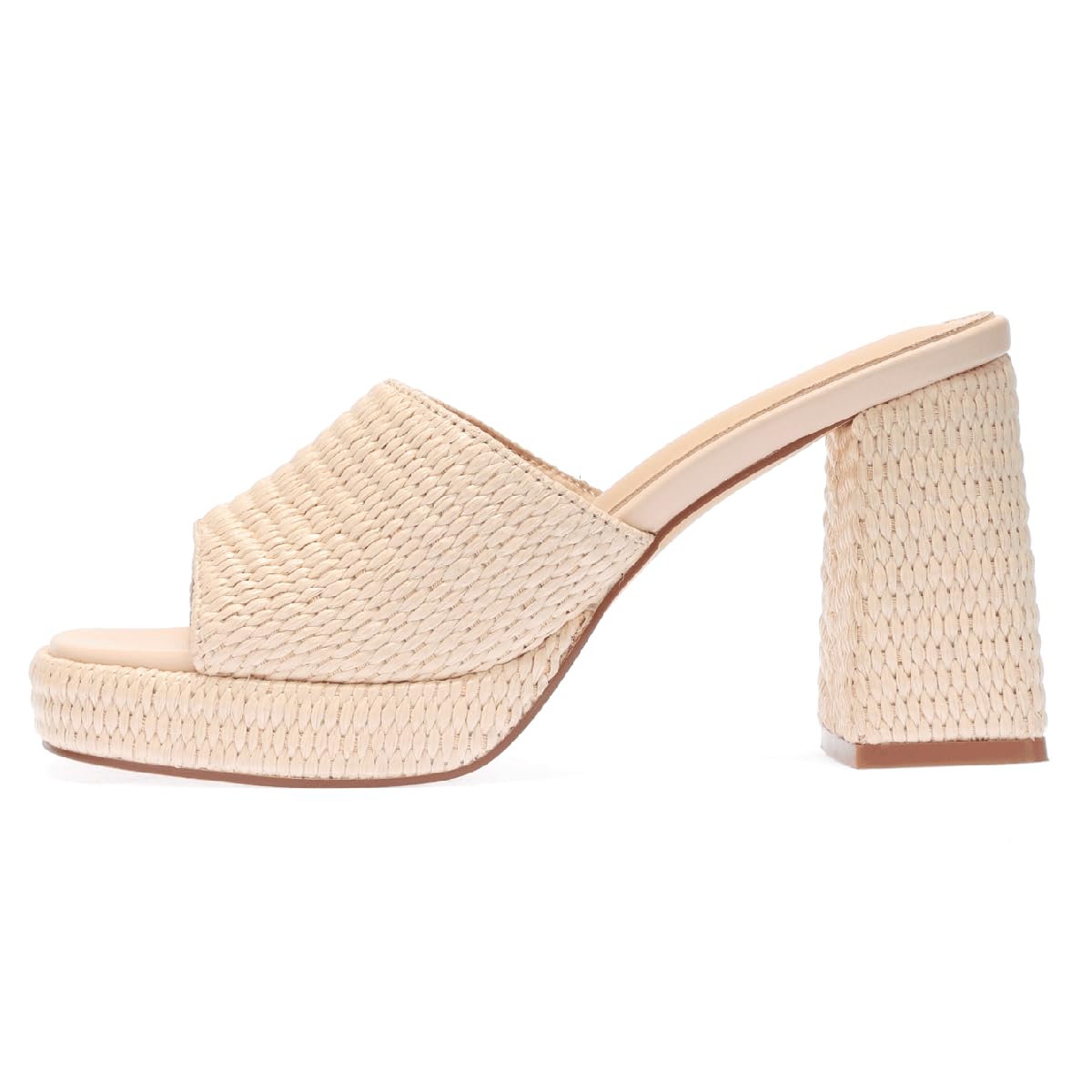 Monrovia Raffia Platform Heels for Women – Chunky Block Open Toe Woven Slides, Natural Straw Summer Dressy Vacation Sandals, Comfortable Heeled Slip On Mules