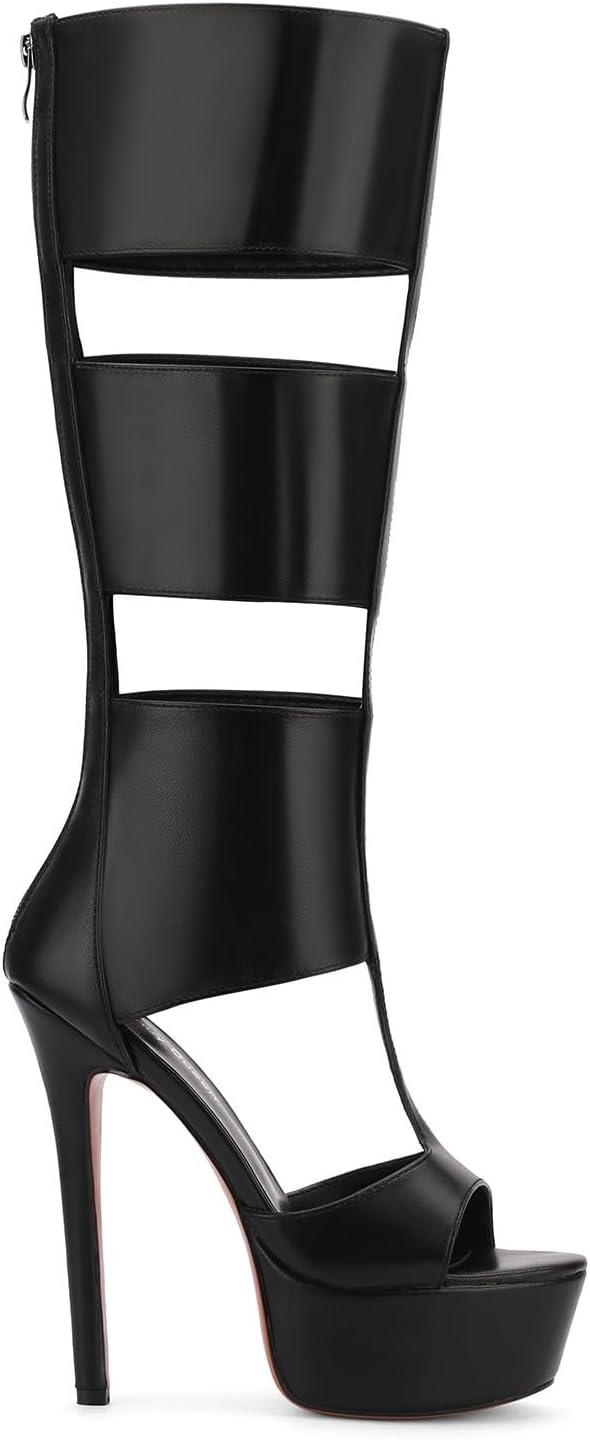 FancyQueen Platform Knee High Heels for Women, Gladiator Open Toe Summer Boots Black Heels Sandal, Sexy Style Casual for Party