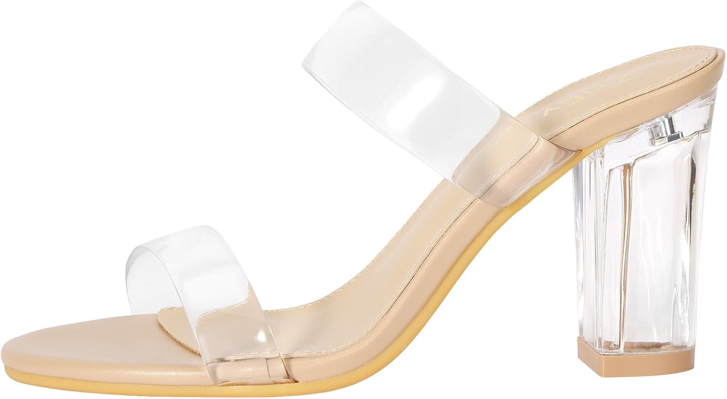 ZriEy Clear Heels for Women Transparent Two Strap Block Chunky Heel Sandals | 3 Inch,Comfy,True to size,Cushioned insole,Anti-slip Rubber Sole,Sturdy,Stylish,Cute,Lightweight,Casual/FormalOccasion