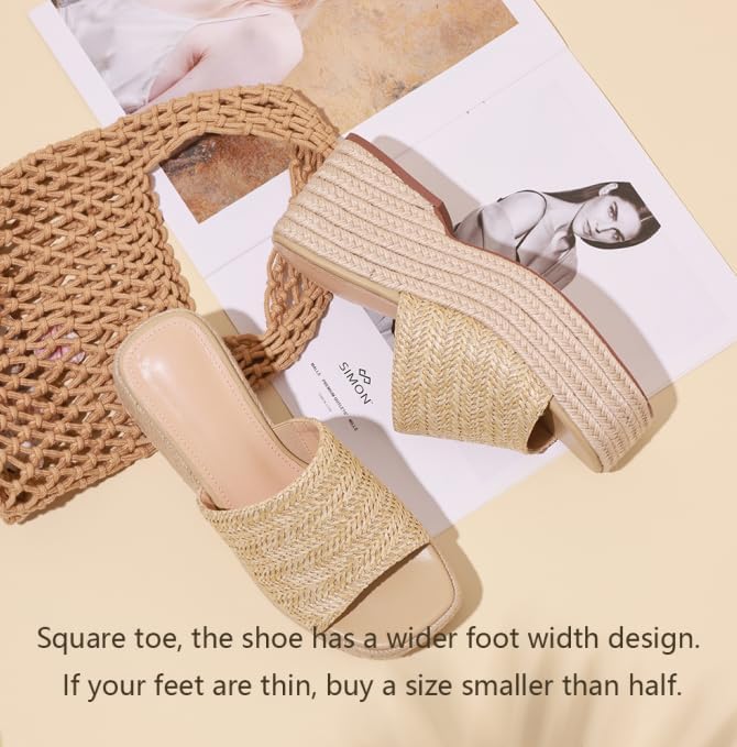 EQAUDES Platform Sandals For Women Espadrilles Wedges Summer Beach Shoes | Raffia, Woven, Chunky Block Heels, Dressy Slides, Non-Slip Sole, Slip On, Square Open Toe, Daliy And Vacation Outfits