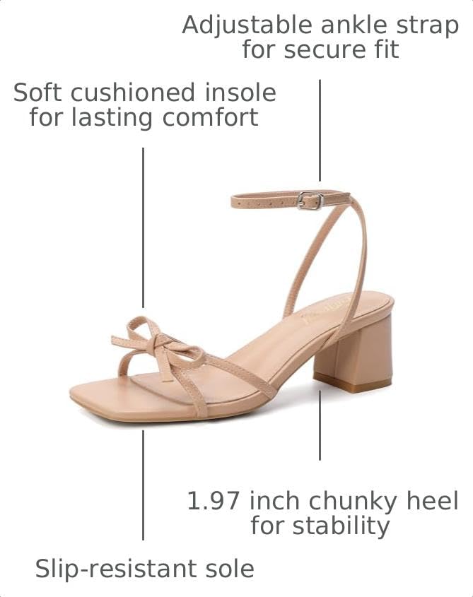 Women's Bow Strappy Low Heels | Block Chunky, Square Open Toe, Dress Sandals, Wedding Party