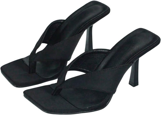 MakeMeChic Women's Thong Flip Flop High Heels Square Toe Elegant Sandals | Going Out High Heels, Open Toe, PU Leather, Dressy Thong Heels for Women