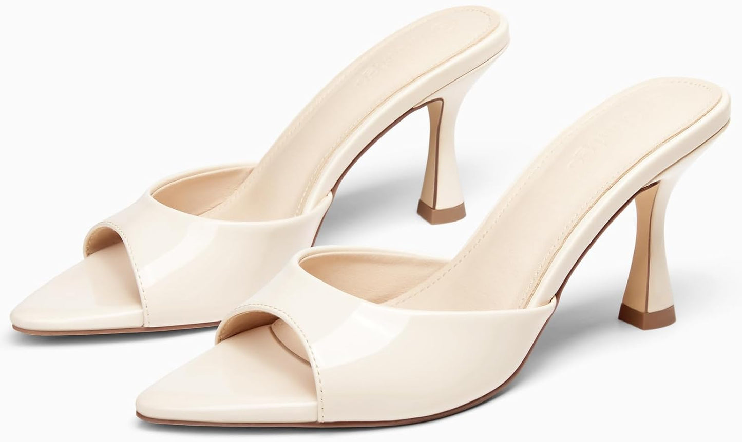 Coutgo Womens Kitten Heel Sandals Heeled Mules Pointed Open Toe High Heels | Comfortable, Sexy, Slip On, Backless, Dress Shoes, 3.2 Inch, Peep Toe, Wedding, Bridal, Party, Prom, Graduation