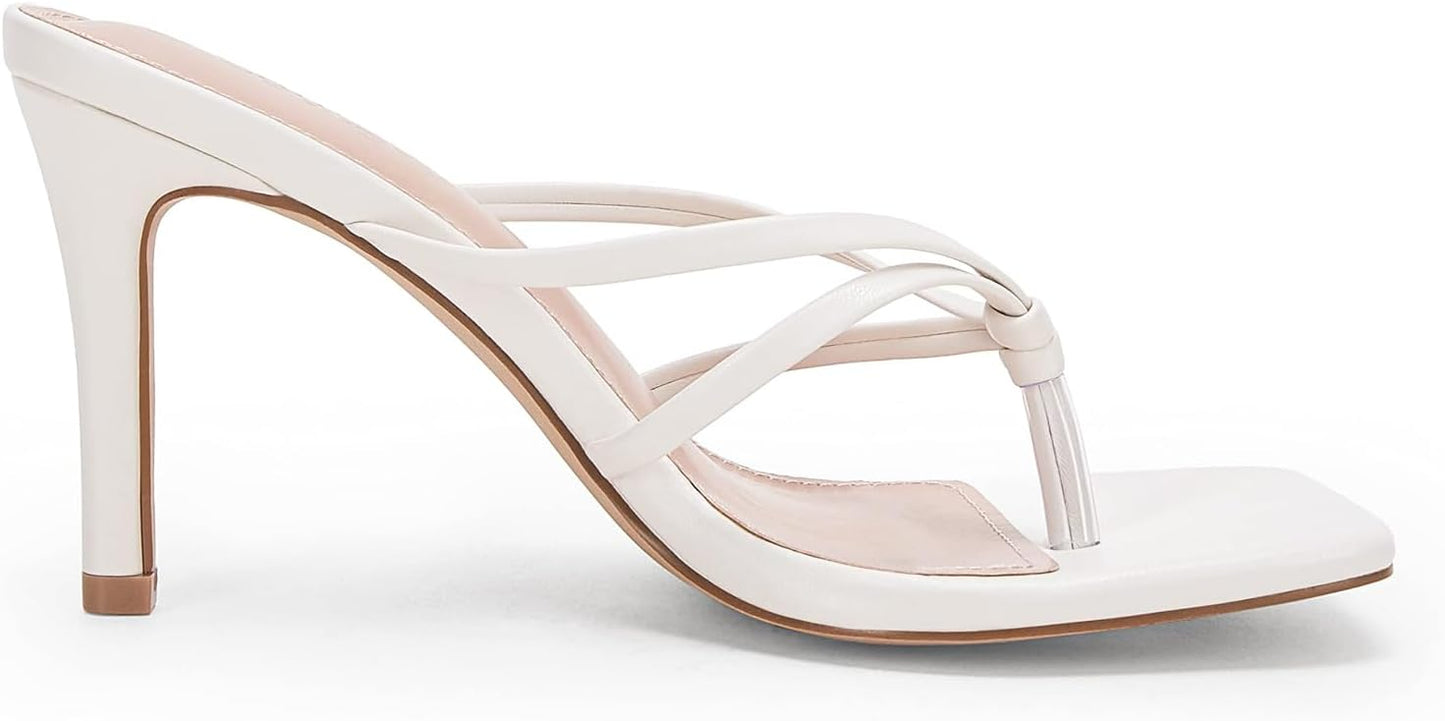 Coutgo Womens Heeled Sandals Strappy Square Toe Flip Flops Fashion Thong Slip on Stiletto Sandals