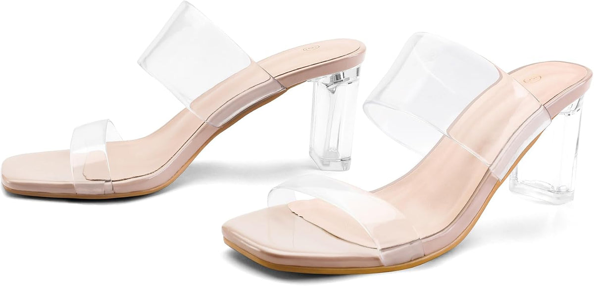 mysoft Women's Clear Heels Square Toe Chunky Block Heel Sandals | 3 Inch Block Heel, Two Clear Straps, Slip On, Square Open Toe, Comfortable, Lightweight, Daily Walking, Party, Summer Dressy
