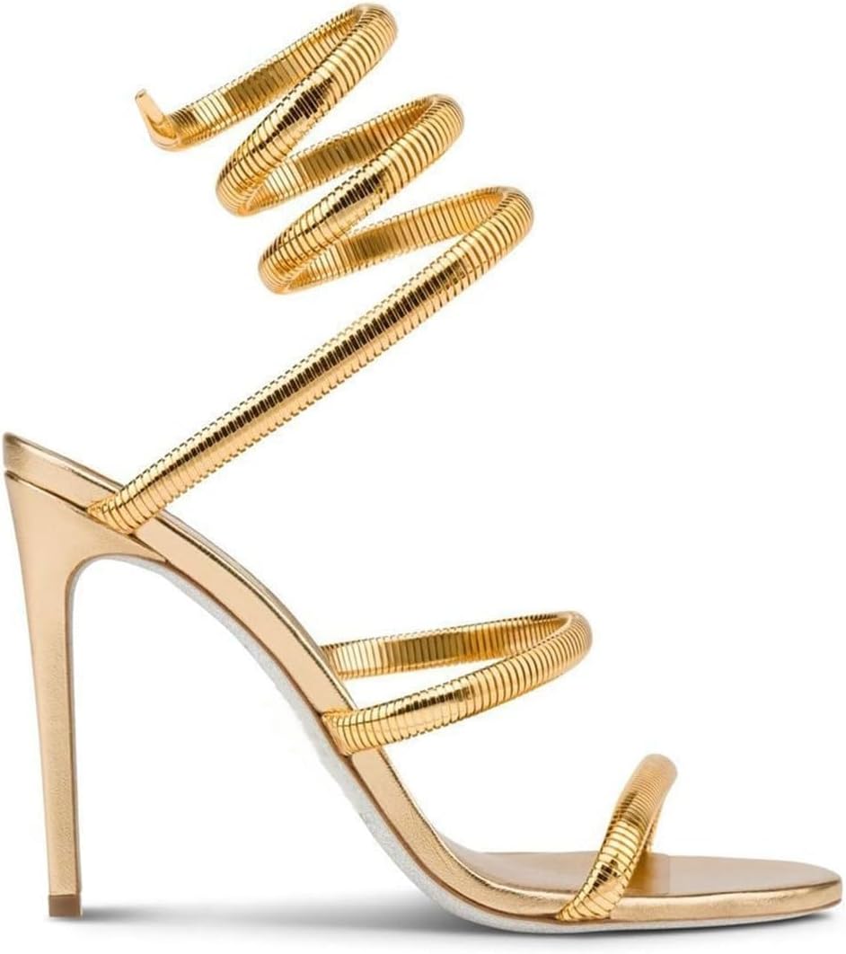perixir Gold Heels for Women, High Heels with Spiral, 4.17" Stiletto Heeled Sandals for Dressy Women, Lace Up Sandals Comfortable Slingback Sandal