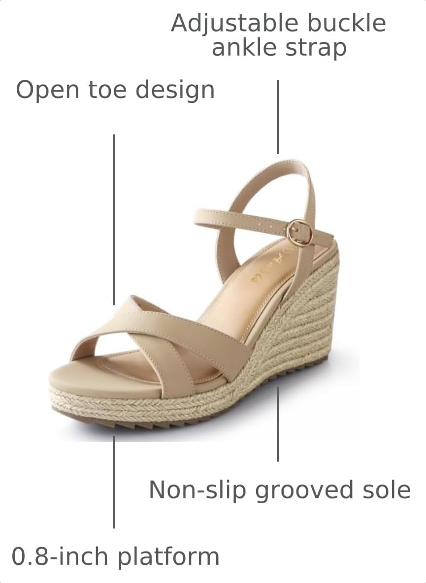 Ankis Wedge Sandals for Women, Espadrille Womens Wedge Sandals Comfortable Open Toe Cross Band Ankle Strap High Heel Wedges for Women Dressy Summer -3.4Inch