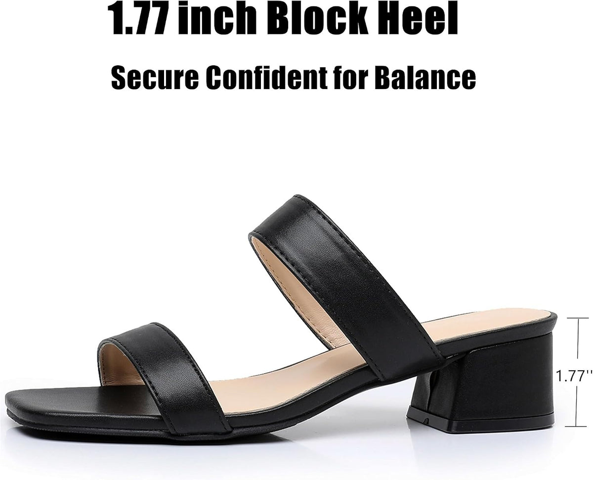 Two Strap Women's Heeled Sandals - Square Open Toe Comfortable Slip On Block Low Heel Dress Shoes - Nude Black White Chunky Heel Sandals 1.77 Inch
