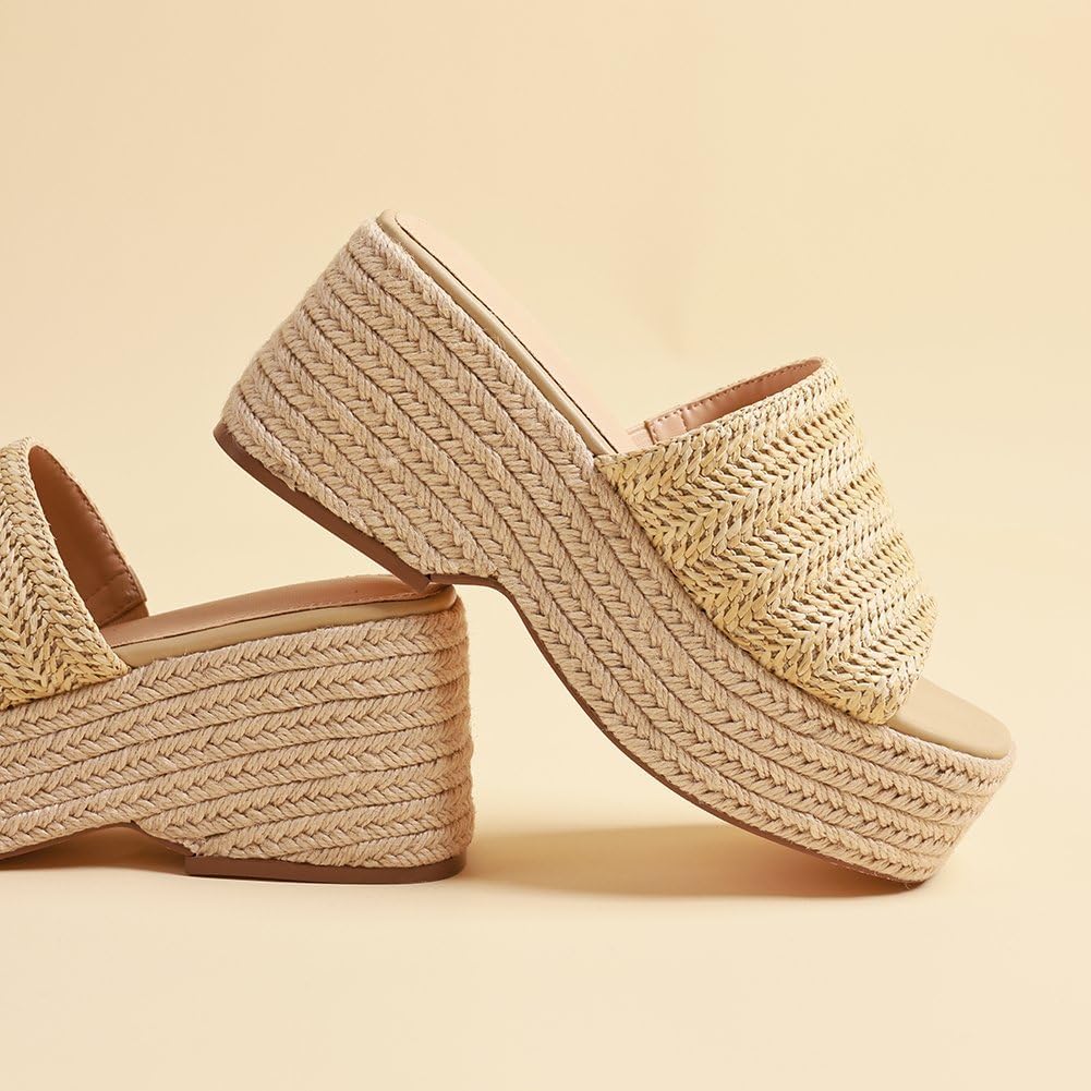 EQAUDES Platform Sandals For Women Espadrilles Wedges Summer Beach Shoes | Raffia, Woven, Chunky Block Heels, Dressy Slides, Non-Slip Sole, Slip On, Square Open Toe, Daliy And Vacation Outfits