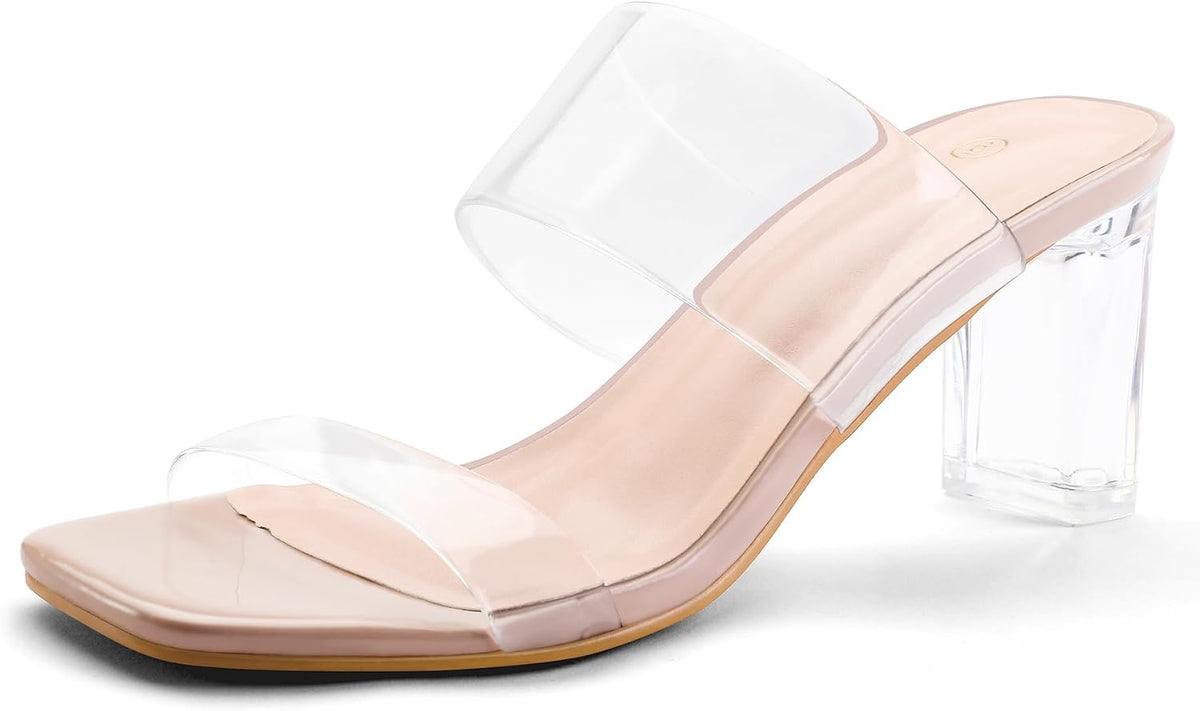 mysoft Women's Clear Heels Square Toe Chunky Block Heel Sandals | 3 Inch Block Heel, Two Clear Straps, Slip On, Square Open Toe, Comfortable, Lightweight, Daily Walking, Party, Summer Dressy