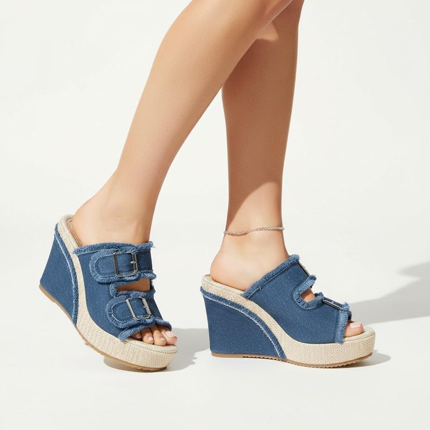 Denim Wedge Slide Mules with Double Buckle Espadrille Platform for Women | Frayed Trim Wide Band Open Toe Slip-On Sandals with Adjustable Hardware Cushioned Comfort for Beach Vacation Daily Wear