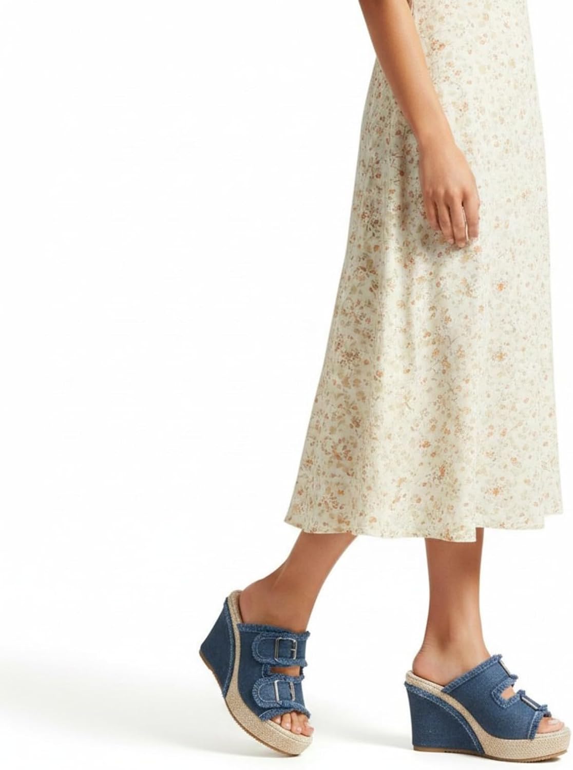 Denim Wedge Slide Mules with Double Buckle Espadrille Platform for Women | Frayed Trim Wide Band Open Toe Slip-On Sandals with Adjustable Hardware Cushioned Comfort for Beach Vacation Daily Wear