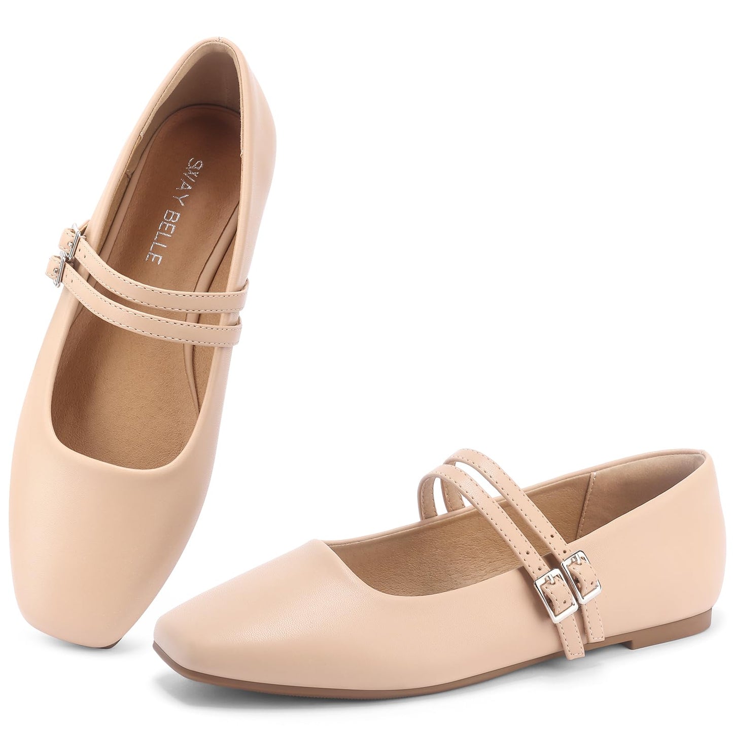 Womens Mary Jane Flats Double Straps Ballet Flats Slip On Casual Shoe | Adjustable Buckle, PU Leather, Breathable Lining, Square Toe Shoes for Women
