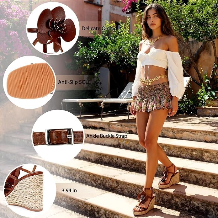 LACIKOSZ Flowers Wedge Sandals For Women Strappy Raffia Platform Heels | Comfortable Open Toe Espadrilles Casual Ankle Wrap Beach Vacation Wedding