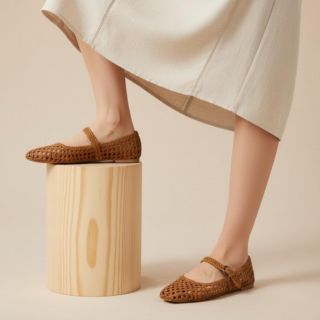 CUSHIONAIRE Weston Hand Woven Mary Jane Flats for Women, Comfortable Dressy Ballet Flats with Braided Adjustable Buckle and Memory Foam Cushioning