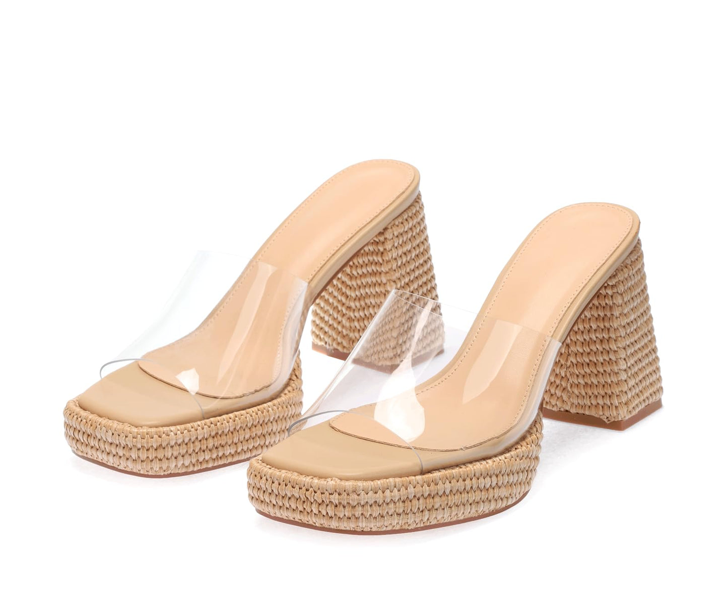 Monrovia Raffia Platform Heels for Women – Chunky Block Open Toe Woven Slides, Natural Straw Summer Dressy Vacation Sandals, Comfortable Heeled Slip On Mules