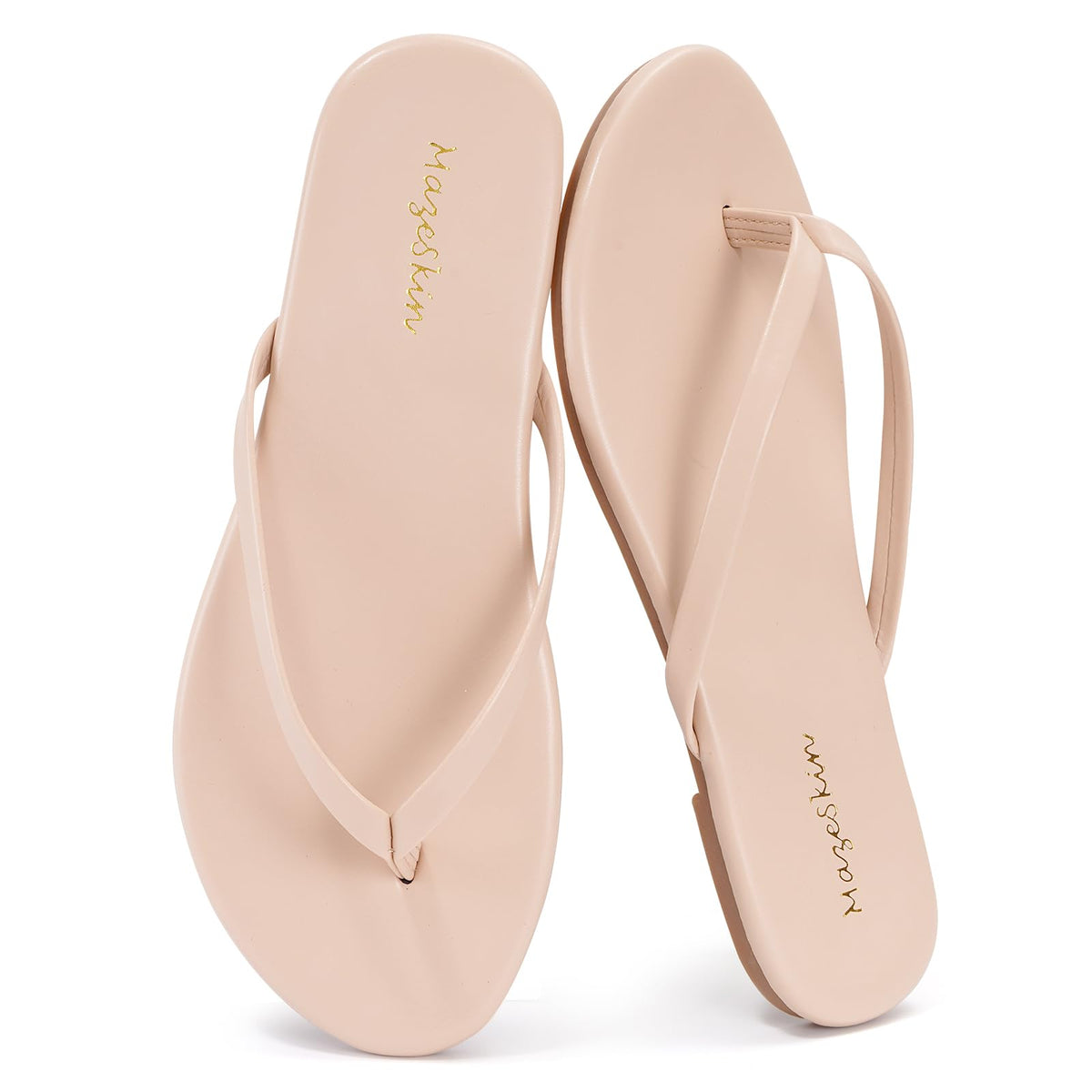 mazeskin Womens Memory Foam Flip Flops Flat Thong Sandals | Soft Vegan Leather Comfortable Cushioned Casual Dressy Beach Summer Minimalist Slim Slide Shoes Indoor Outdoor