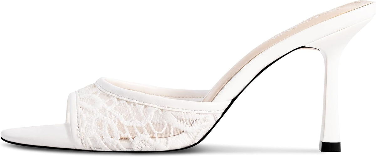 Women's Kitten Heels Open Toe Mules Heels Slip On Lace Heeled Sandals Summer Dress Shoes for Party Wedding