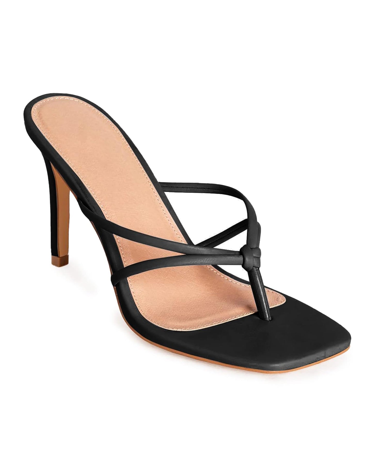 Coutgo Womens Heeled Sandals Strappy Square Toe Flip Flops Fashion Thong Slip on Stiletto Sandals