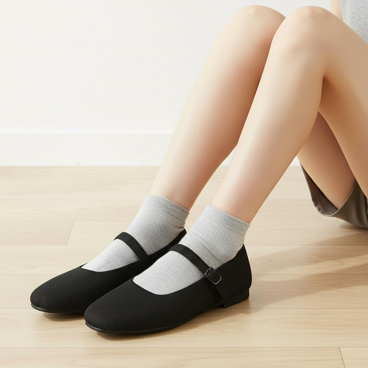 VUN Knit Flats for Women - Square Toe Ballet Flats with Adjustable Ankle Strap and Arch Support, Mary Jane Shoes for Dressy Office & Casual Comfort
