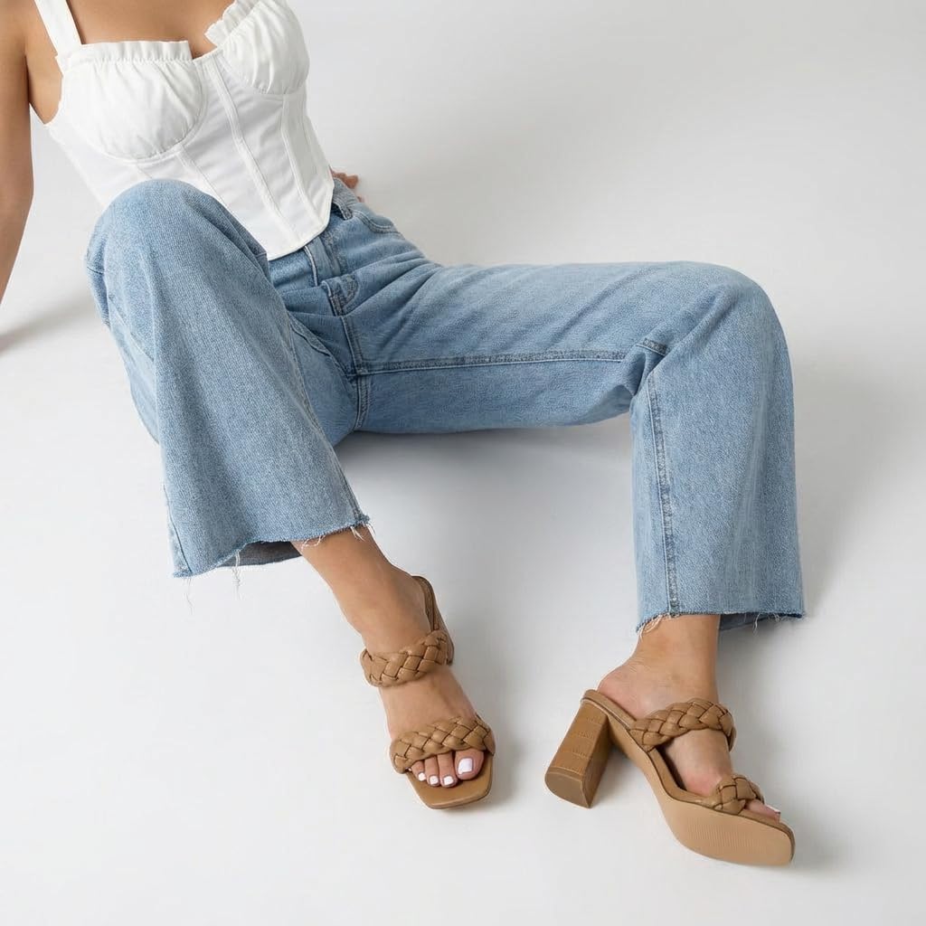 CUSHIONAIRE Irine Chunky Heels for Women, Braided Block Heel Sandals with Square Toe and Memory Foam