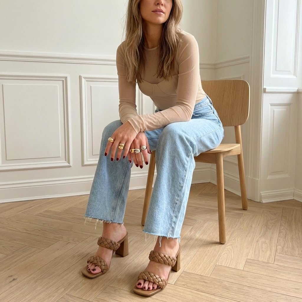 CUSHIONAIRE Irine Chunky Heels for Women, Braided Block Heel Sandals with Square Toe and Memory Foam