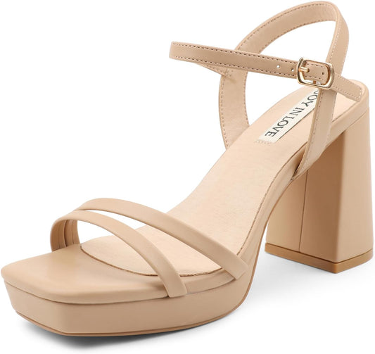 JOY IN LOVE Platform Sandals Women Chunky Block Heels | 3.5 Inch High Heels, Ankle Strap, Square Open Toe Sandals, Wedding, Party Dress Shoes