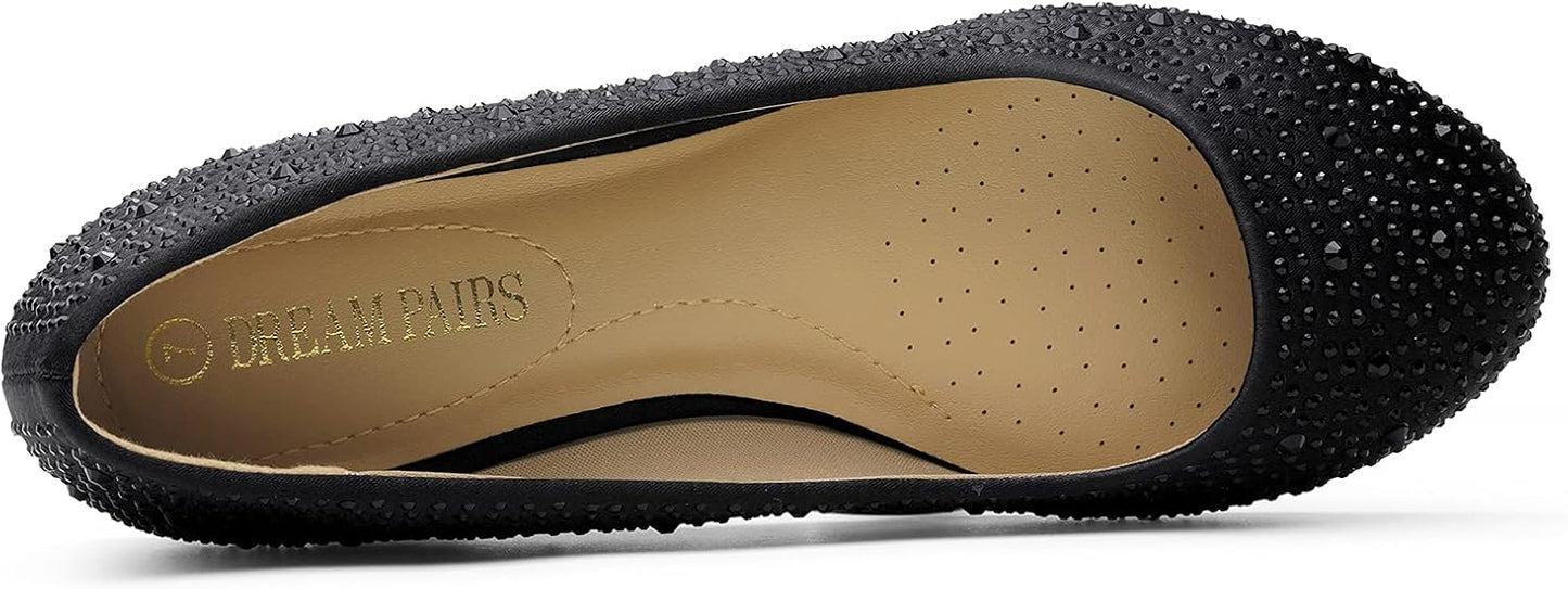 DREAM PAIRS Ballet Flats for Women Rhinestone Round Toe Slip-On Dressy Comfortable Shoes for Wedding Formal Prom Daily Work