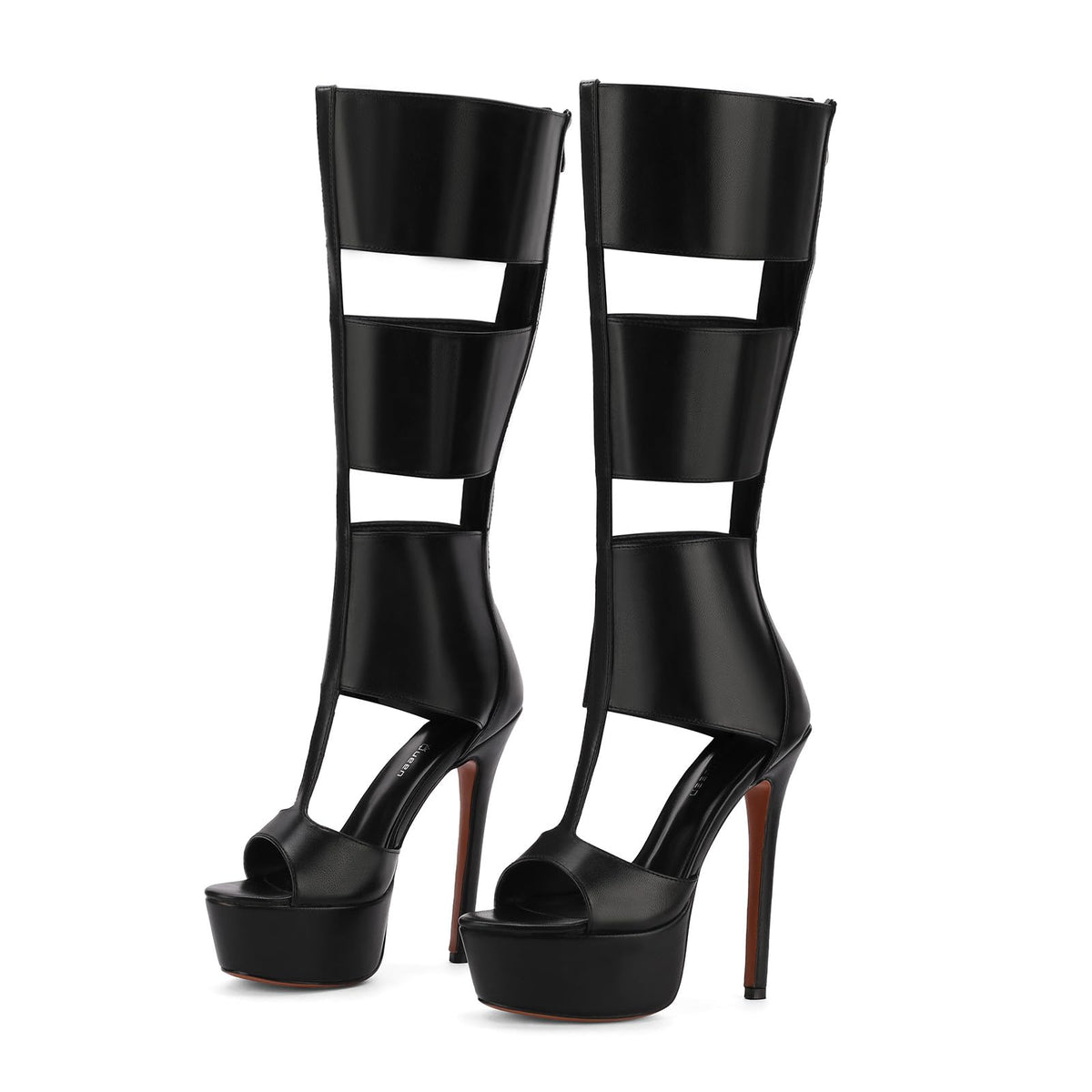 FancyQueen Platform Knee High Heels for Women, Gladiator Open Toe Summer Boots Black Heels Sandal, Sexy Style Casual for Party