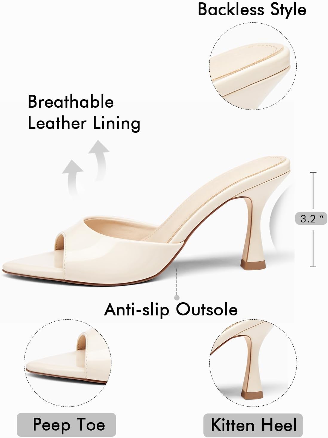 Coutgo Womens Kitten Heel Sandals Heeled Mules Pointed Open Toe High Heels | Comfortable, Sexy, Slip On, Backless, Dress Shoes, 3.2 Inch, Peep Toe, Wedding, Bridal, Party, Prom, Graduation