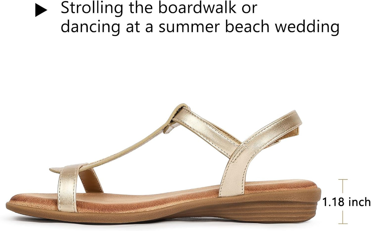 Women's Walking Ankle T Strap Sandals with Cushioning for All-Day | Flat Sandals for Women Dressy, Buckle Dressy Casual Summer, Open Toe, Travel Beach Wedding Vacation Outdoors Size 5-10.5