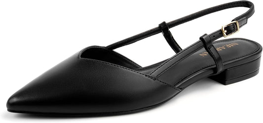 Slingback Flats for Women Closed Pointed Toe Buckle Strap Dress Shoes Elegant Ballet Flats Low Heel Walking Wedding Party