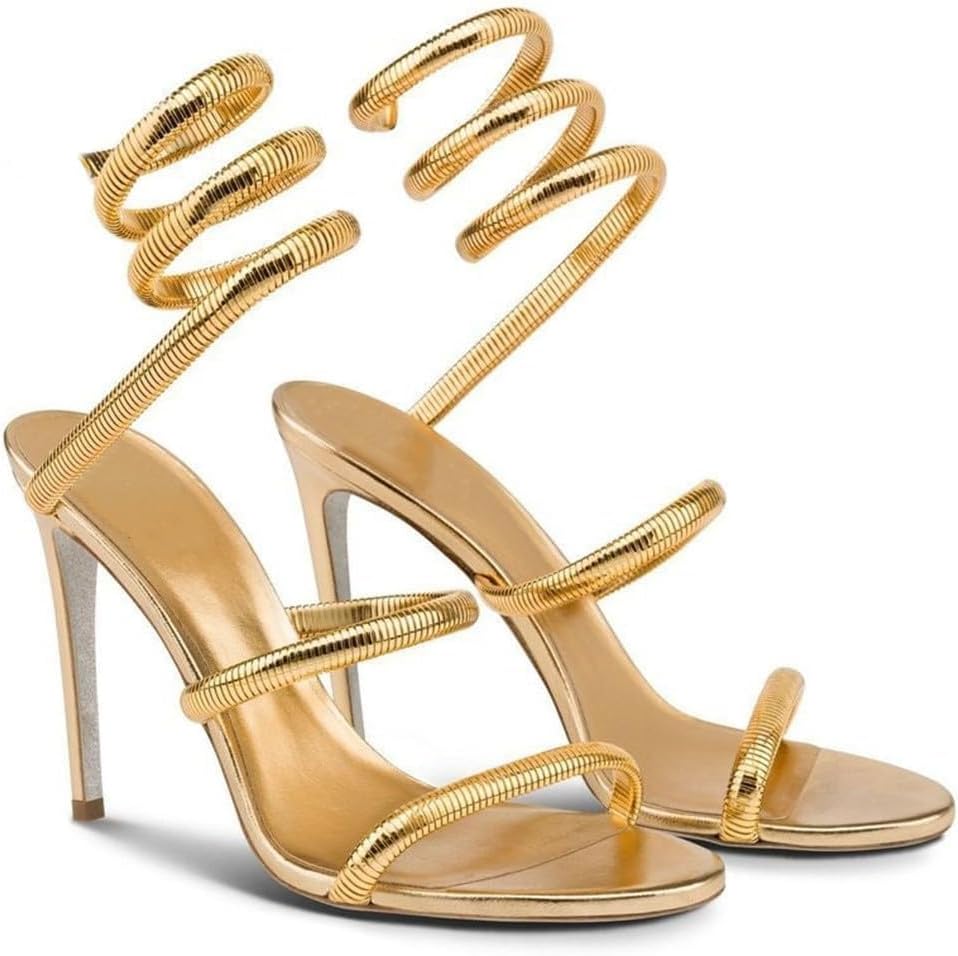 perixir Gold Heels for Women, High Heels with Spiral, 4.17" Stiletto Heeled Sandals for Dressy Women, Lace Up Sandals Comfortable Slingback Sandal