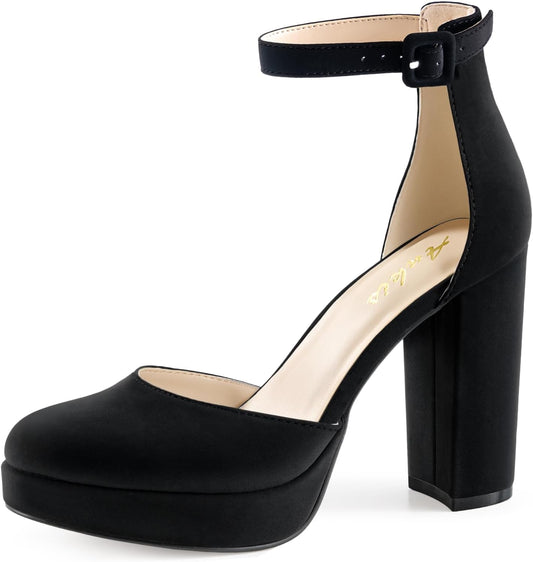 Ankis Black Platform Closed Toe Heels for Women, Womens Heels Closed Round Toe Chunky Block Pumps Shoes, 4 Inch