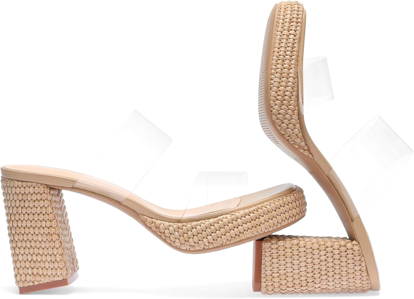 Women's Raffia Platform Heels Block Heeled Sandals Summer Beach Woven Chunky Slip On Casual Vacation